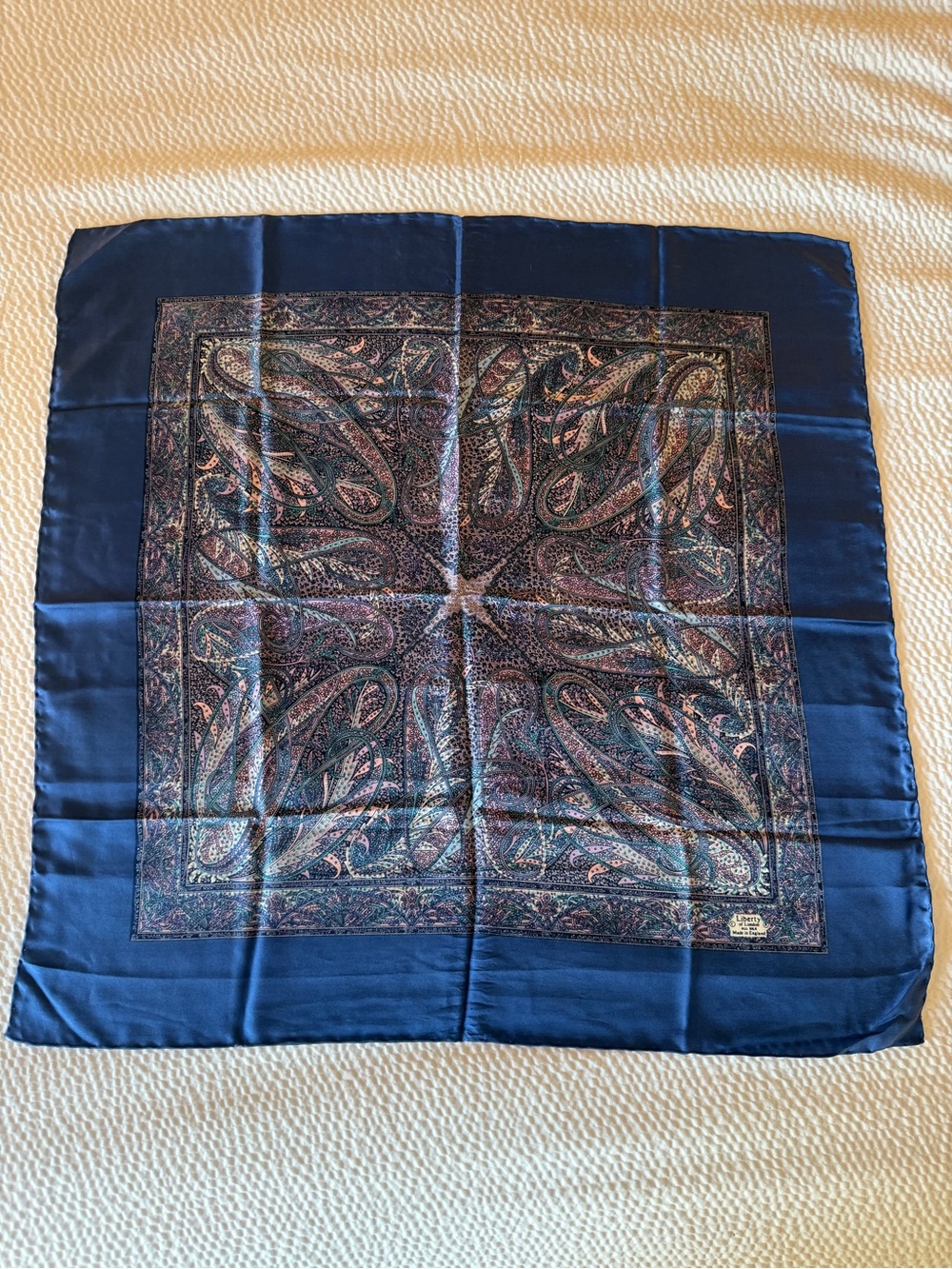 Liberty of London All Silk Square Scarf Navy Paisley Feather Made in England